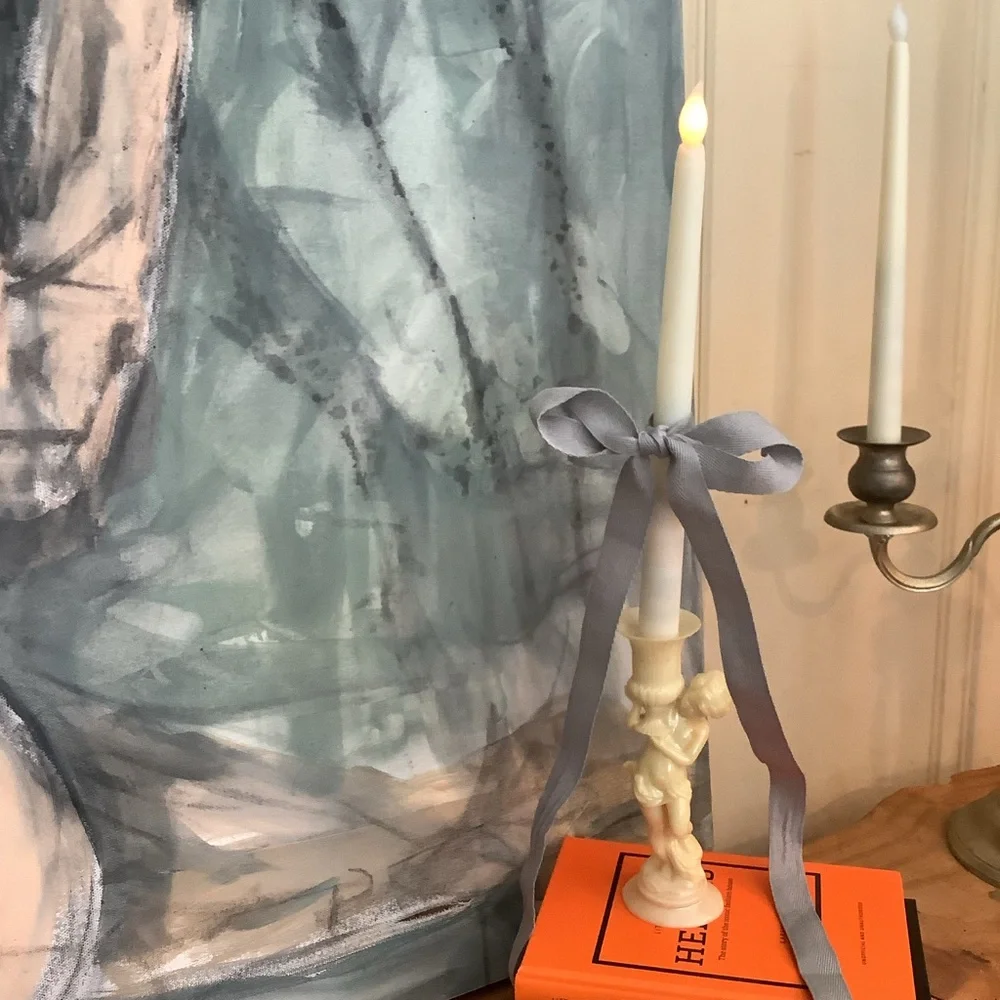 Vintage Plastic Cherub Statue Candlestick Candle Holder + Battery Candle RIBBON